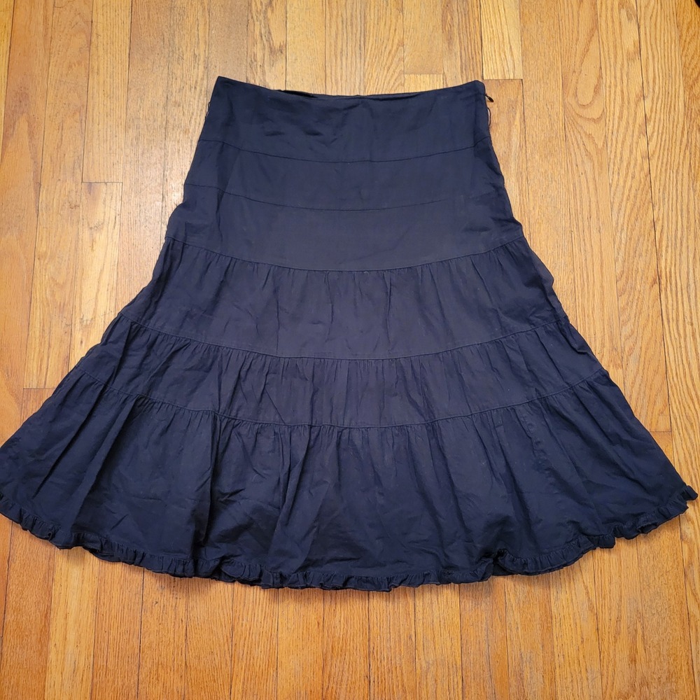 Anthro Fei 6 Tiered Midi Skirt Black Ruffle Hem Boho Fairy Whimsigoth Prairie